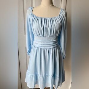 Women's Lantern Sleeve Tie Back Summer Dress Ruffle On/ Off Shoulder Size L Blue